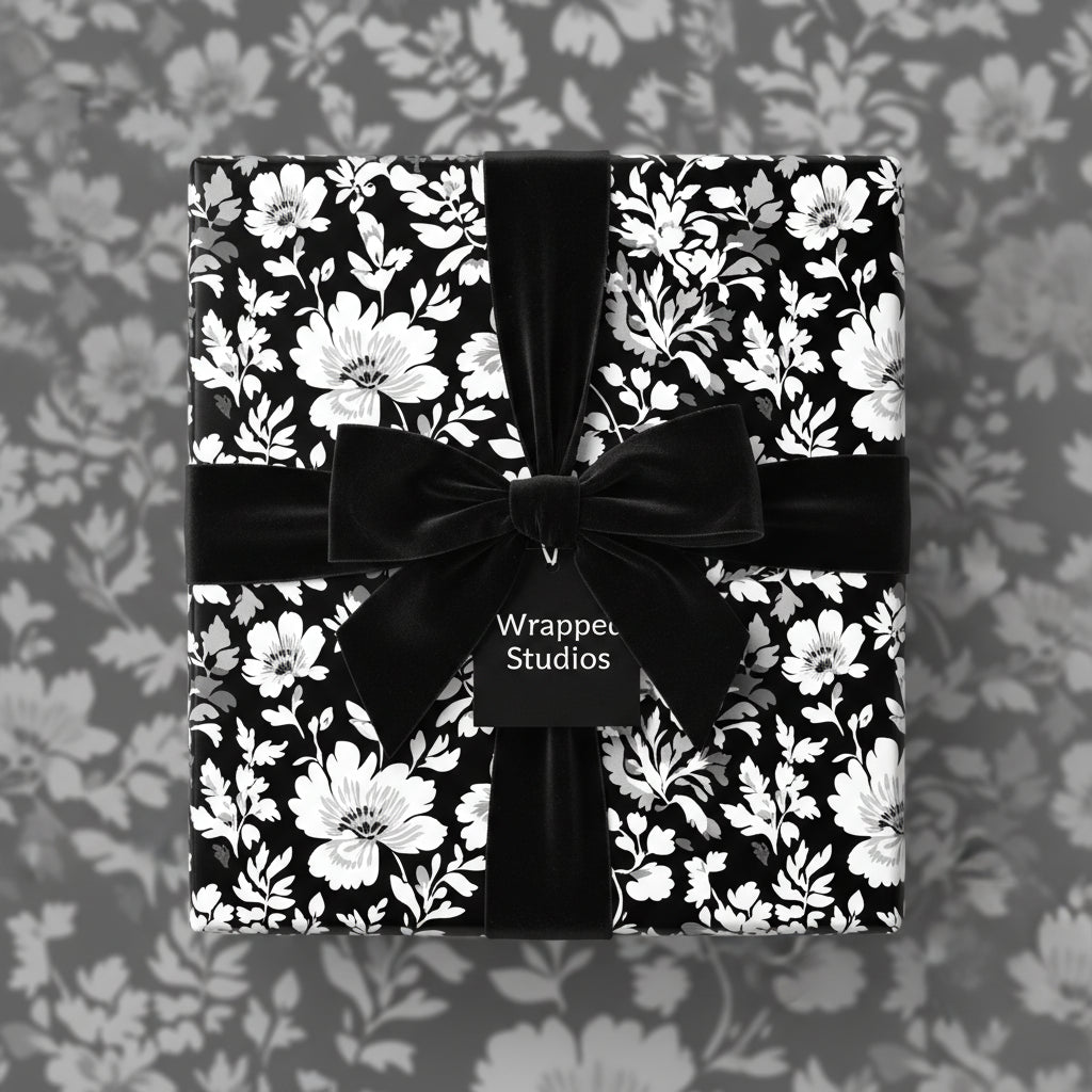 Elegant square gift wrapped in black floral wrapping paper with a black velvet bow.