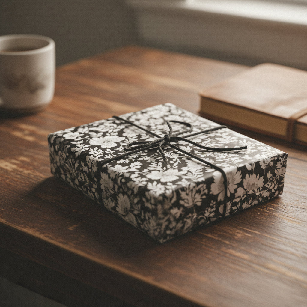Gift wrapped in black & white floral wrapping paper with twine on a rustic wooden table.