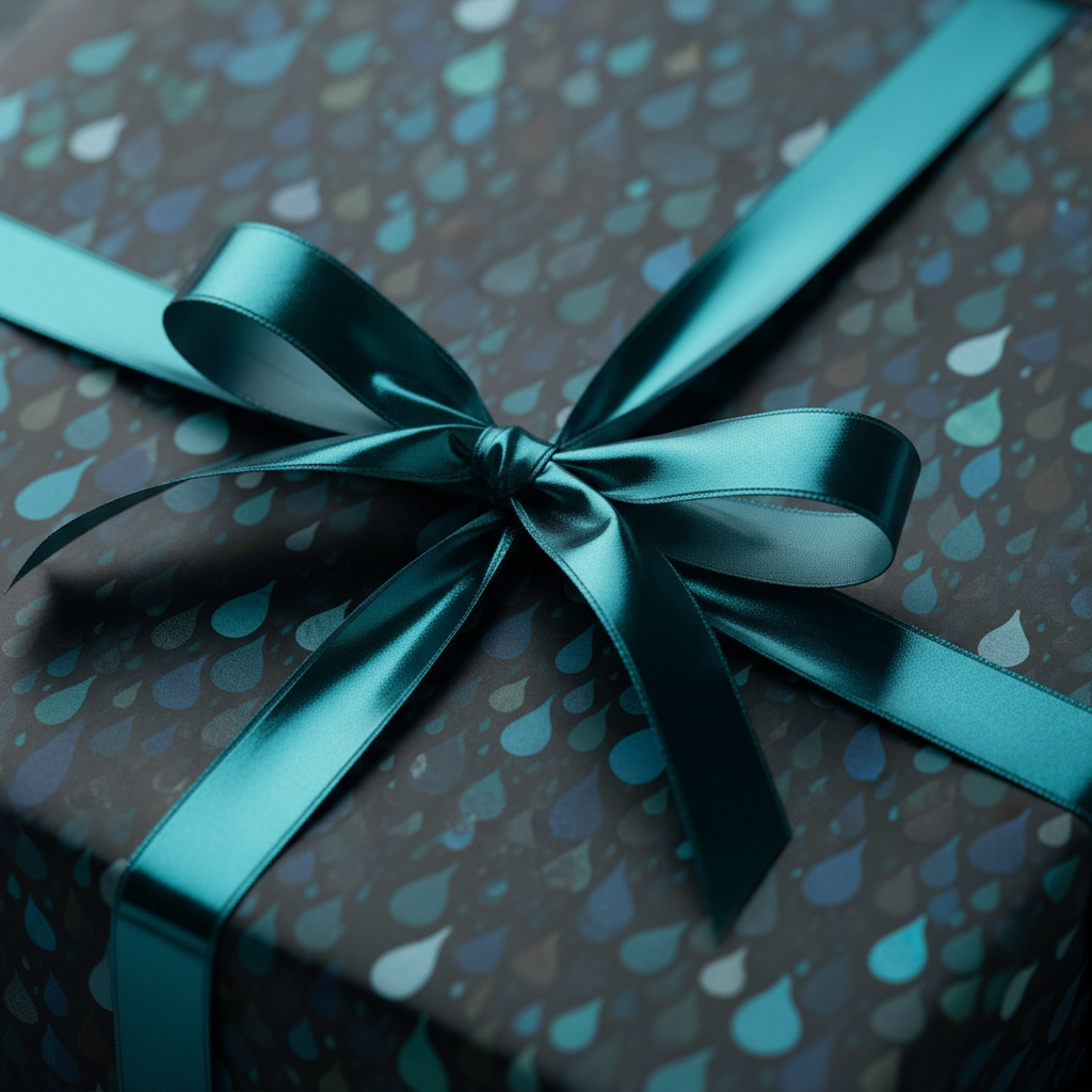 Teal ribbon on blue teardrop pattern gift wrap for modern birthday wrapping paper or any special occasion.