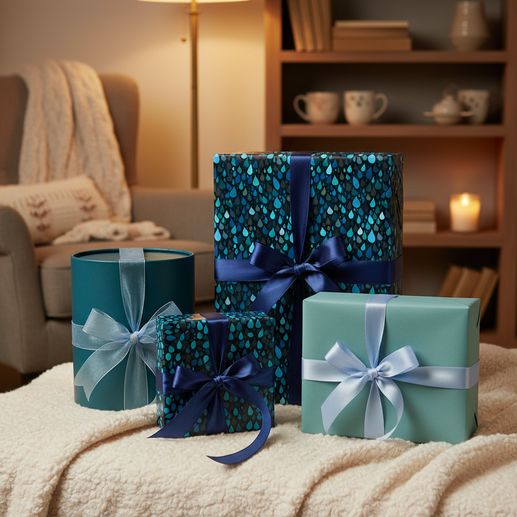 Elegant gifts wrapped in blue and teal wrapping paper with raindrop pattern and silk ribbon bows.