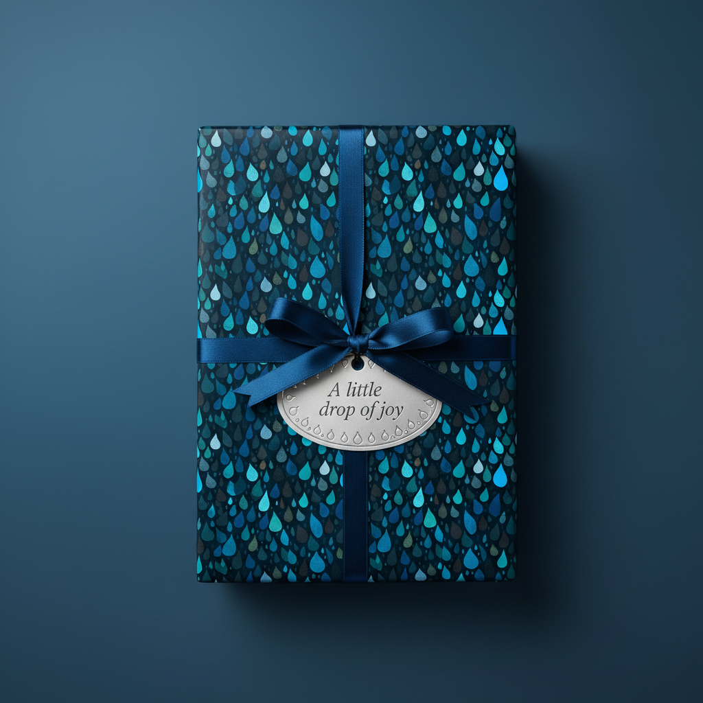 Navy gift wrapped in raindrop pattern wrapping paper with satin ribbon and "a little drop of joy" tag.