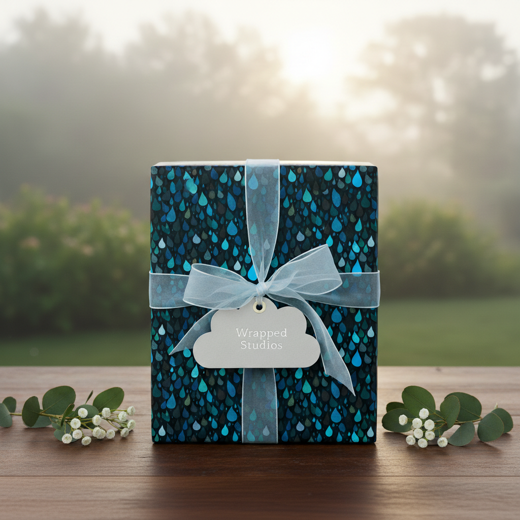 Stylish gift wrapped in blue raindrop pattern wrapping paper with light blue ribbon.