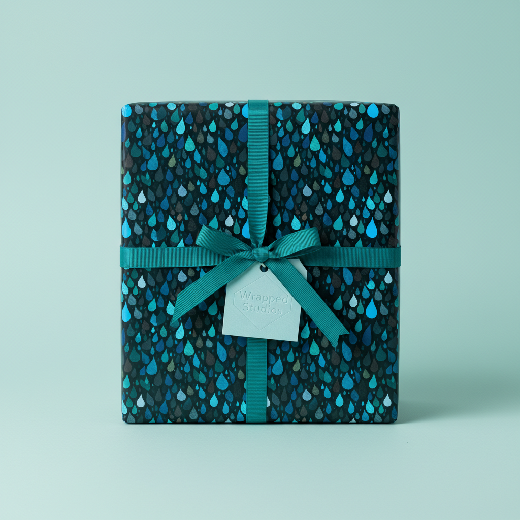 Teal ribbon on wrapped gift box with raindrop-patterned wrapping paper.