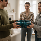 Teens exchanging a gift wrapped in modern blue print wrapping paper with a teal satin bow at home.