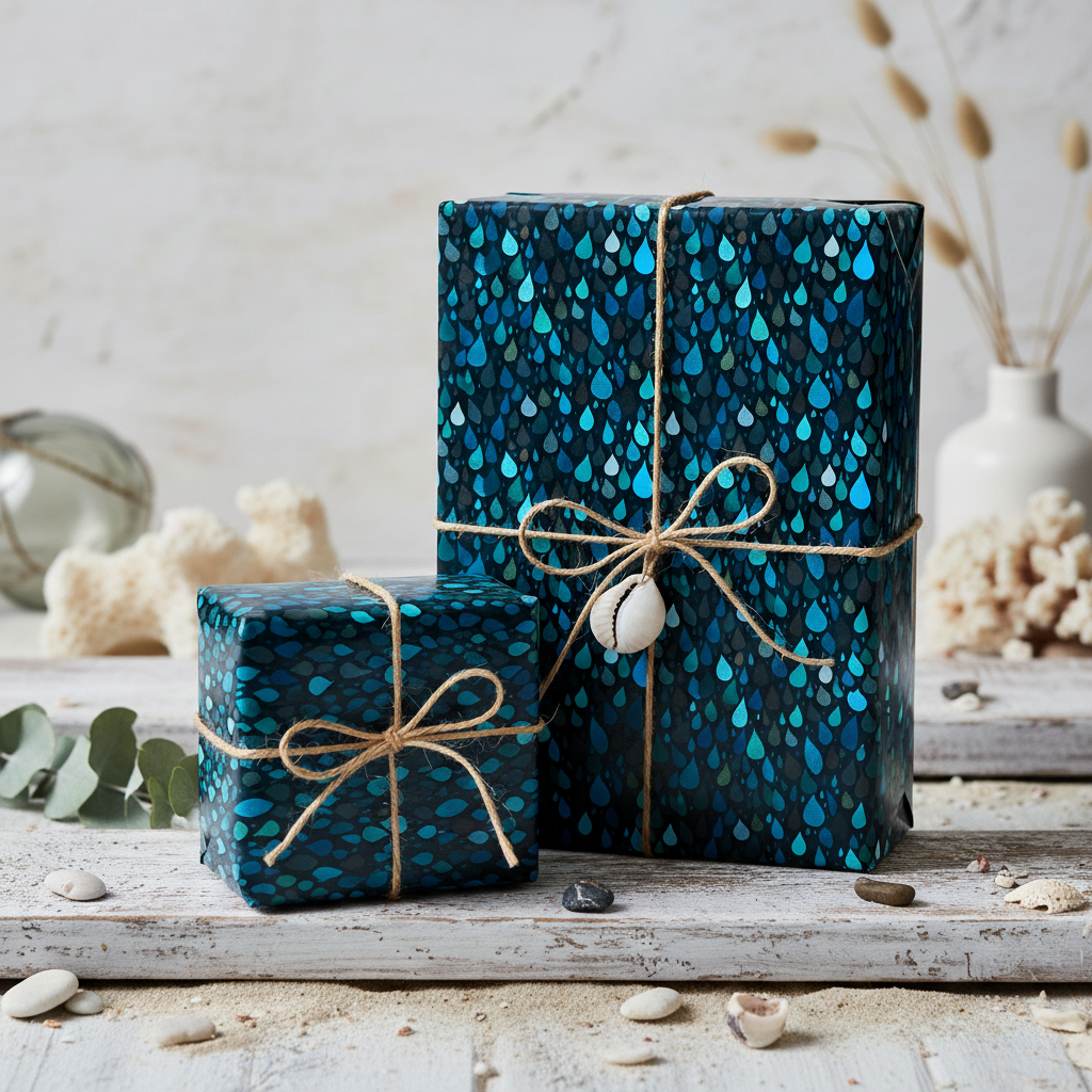 Gifts wrapped in modern blue raindrop wrapping paper with twine and seashell accent.