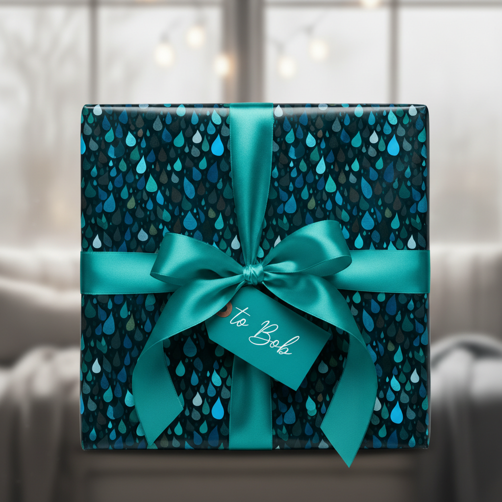 Dark blue raindrop pattern wrapping paper with teal ribbon and "to Bob" gift tag.