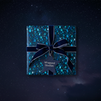 Elegant navy wrapping paper with rain drop pattern, finished with a velvet ribbon, against a starry night background.