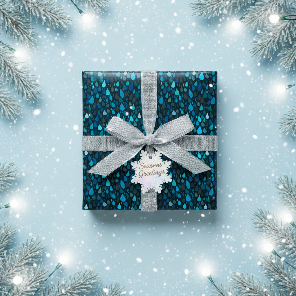 Elegant Christmas gift wrap with a blue rain drop pattern, silver ribbon, and "Seasons Greetings" tag.