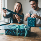 Smiling couple wrapping gifts with teal-patterned wrapping paper and light blue ribbon.