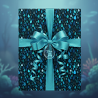 Teal ribbon and “dive into joy” tag on a gift wrapped in dark blue teardrop pattern wrapping paper.