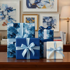 Elegant blue and white gift boxes wrapped in luxury wrapping paper with ribbon bows for any occasion.