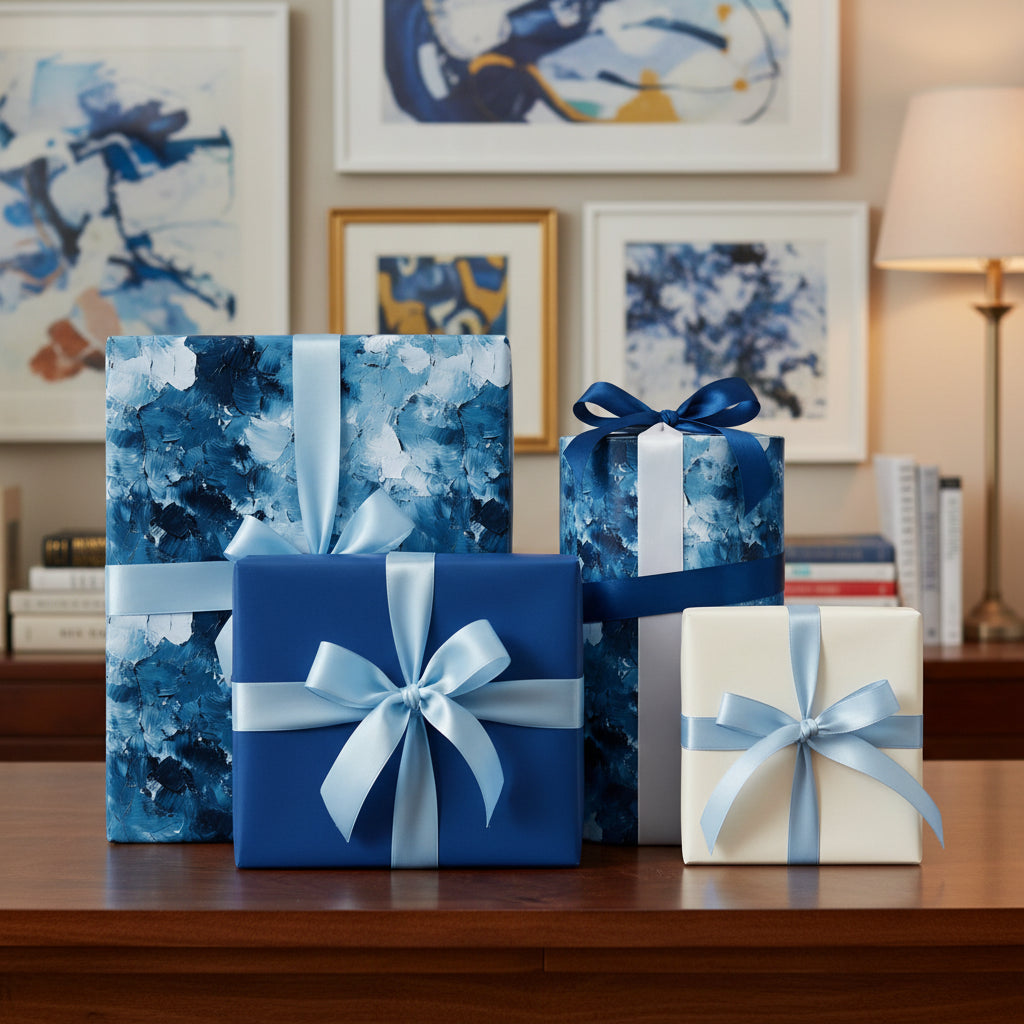 Elegant blue and white gift boxes wrapped in luxury wrapping paper with ribbon bows for any occasion.
