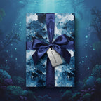 Elegant gift wrapped in blue abstract art wrapping paper with matching satin ribbon & "A special something" tag.