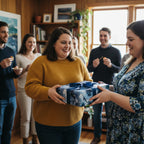 Woman receives birthday gift wrapped in blue floral wrapping paper with a dark blue ribbon.