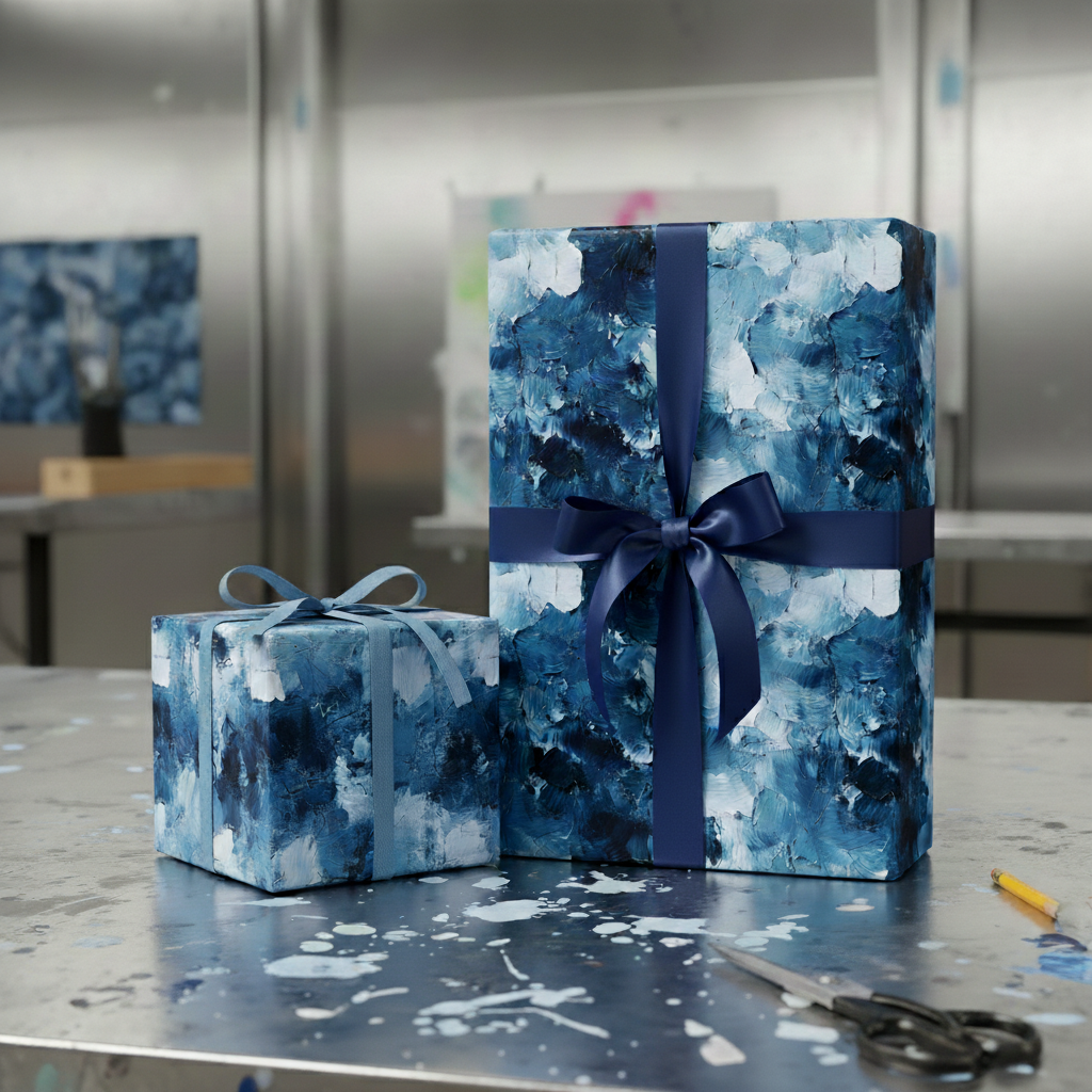 Elegant gifts wrapped in blue abstract art wrapping paper with matching satin ribbons.