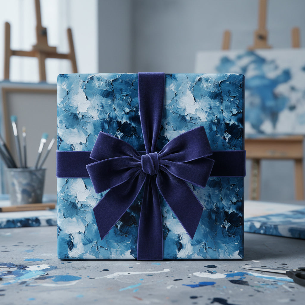 Elegant square gift wrapped in blue abstract art wrapping paper with velvet bow on artist's paint-splattered table.