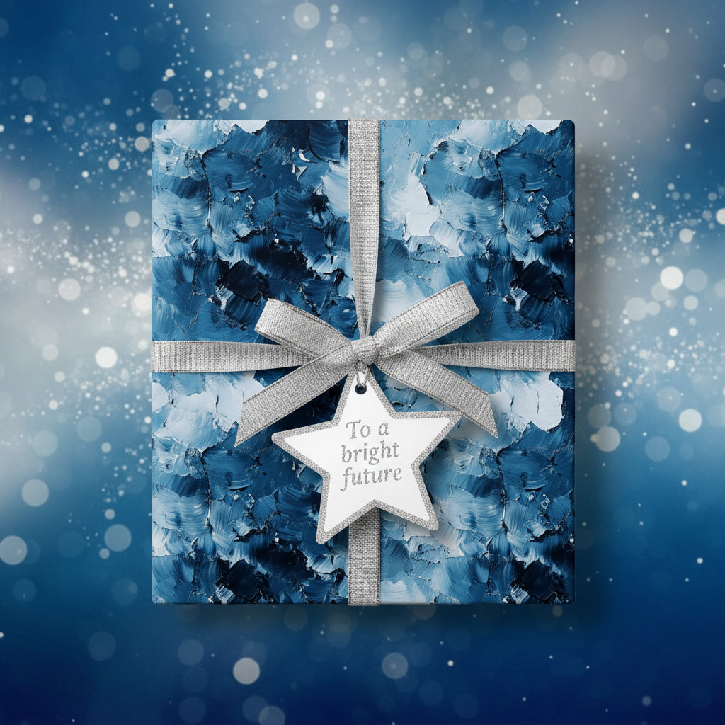 Blue abstract wrapping paper with silver ribbon and star tag for a bright future.