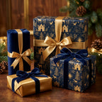 Luxury navy and gold nativity wrapping paper with elegant holiday ribbons by Wrapped Studios.