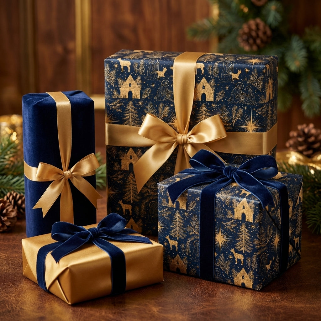 Luxury navy and gold nativity wrapping paper with elegant holiday ribbons by Wrapped Studios.