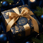 Luxury navy and gold Christmas wrapping paper with a Nativity pattern by Wrapped Studios.