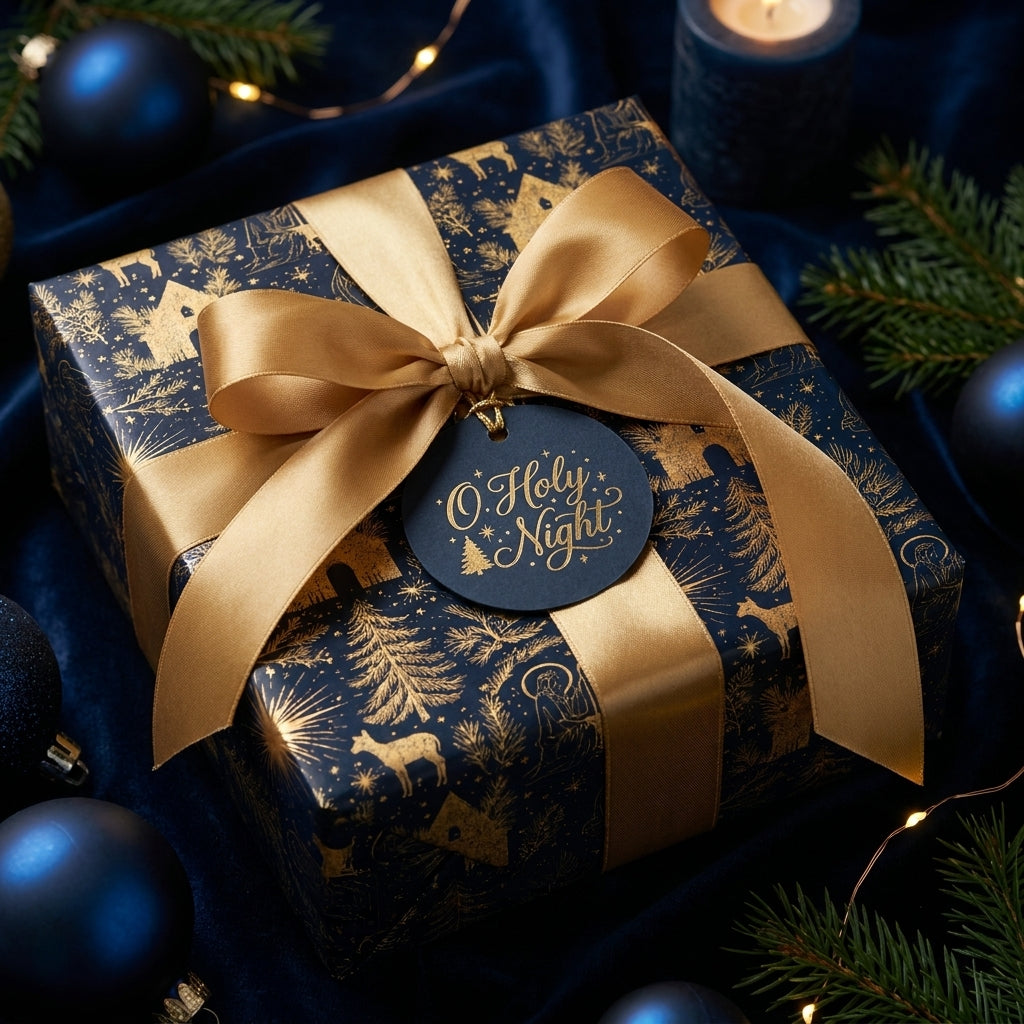 Luxury navy and gold Christmas wrapping paper with a Nativity pattern by Wrapped Studios.