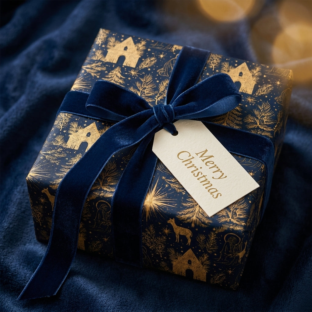 Luxury navy and gold Christmas wrapping paper by Wrapped Studios, with a navy velvet ribbon and Merry Christmas tag.