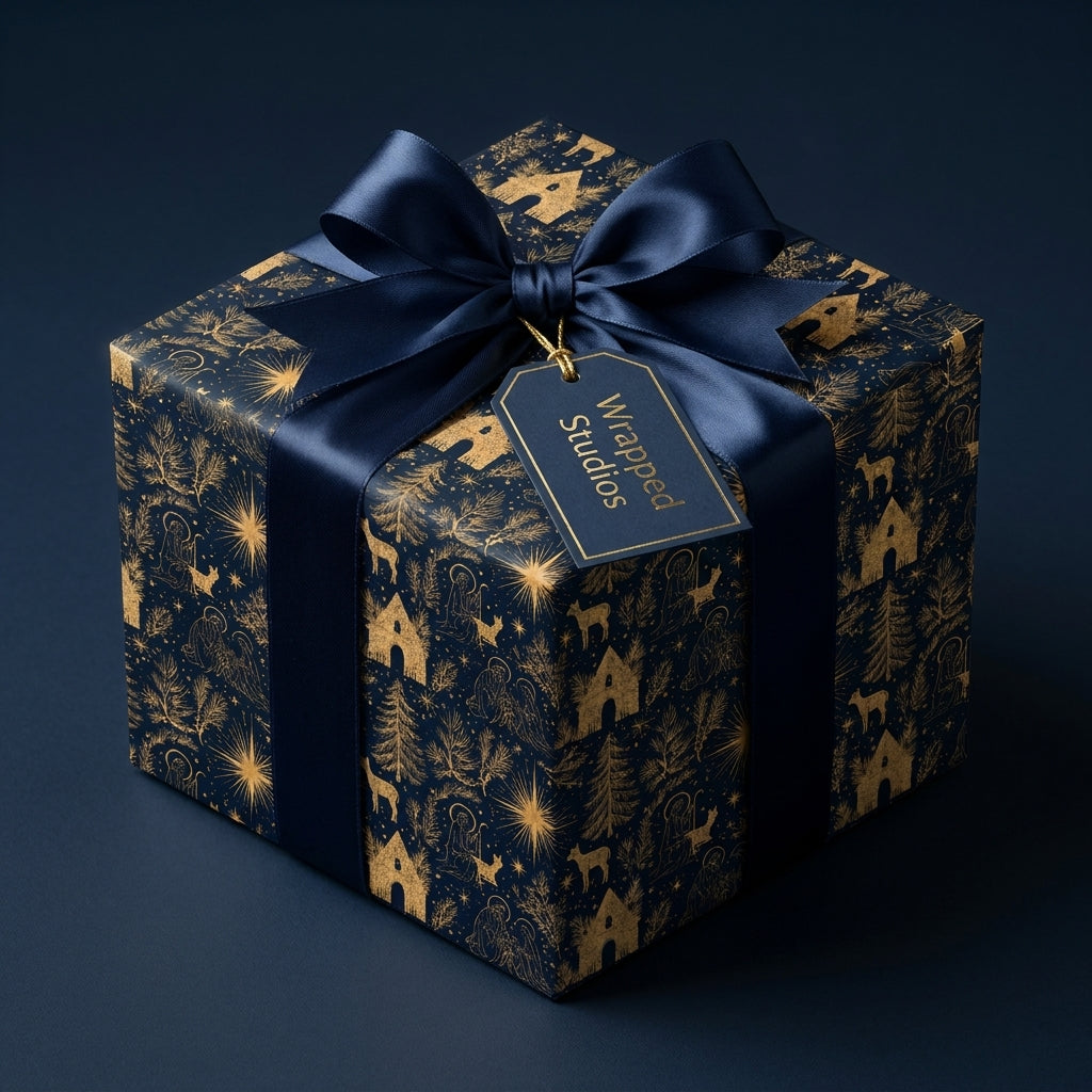 Navy and gold luxury Christmas wrapping paper by Wrapped Studios with nativity pattern and satin blue bow.