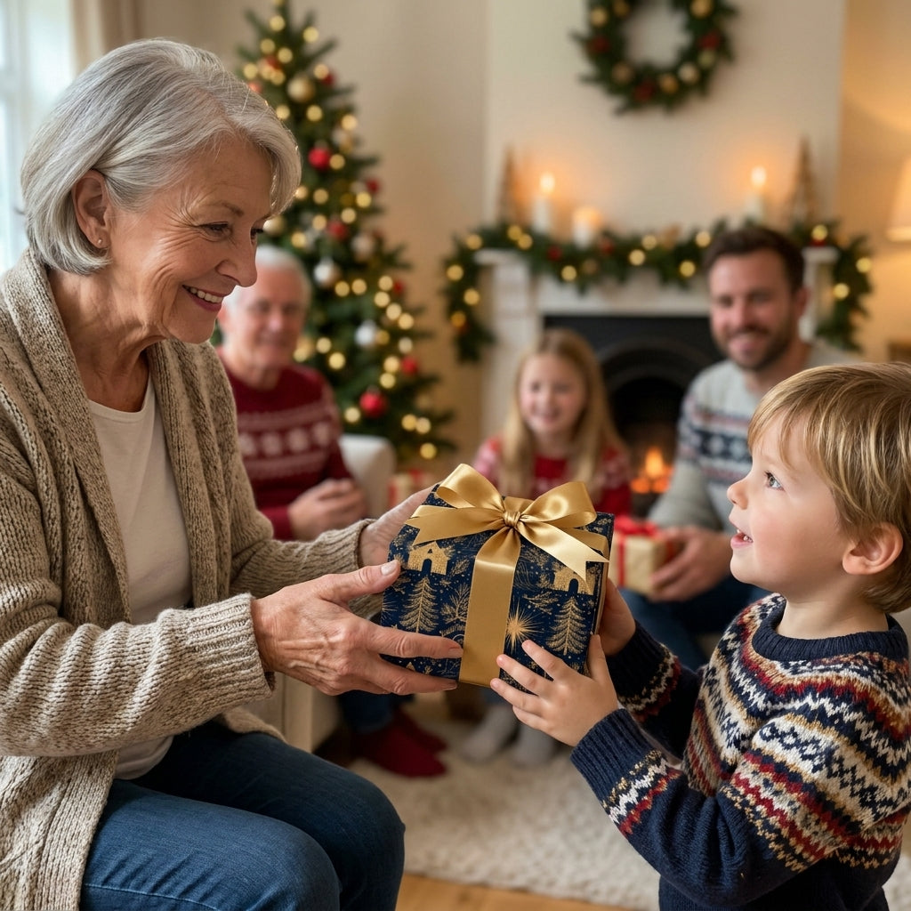 Grandmother giving a boy a gift in navy and gold Christmas wrapping paper by Wrapped Studios.