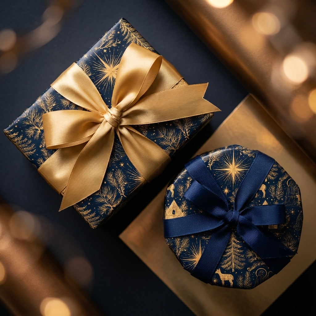 Luxury navy and gold Christmas wrapping paper with elegant bows on gift boxes, by Wrapped Studios.
