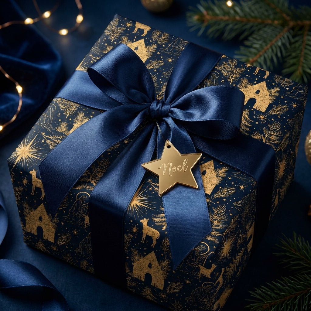 Luxury navy and gold Christmas wrapping paper with a nativity scene and blue ribbon by Wrapped Studios.