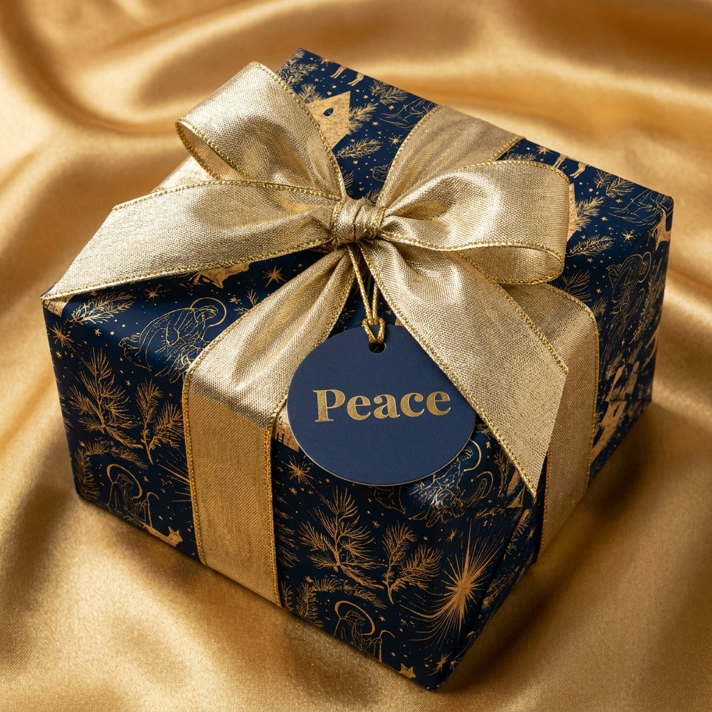 Navy and gold luxury Christmas wrapping paper with nativity scene and gold bow by Wrapped Studios.