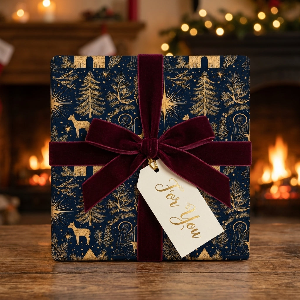 Luxury navy and gold nativity Christmas wrapping paper with a velvet bow by Wrapped Studios.