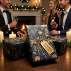 Luxury navy and gold nativity Christmas wrapping paper with twine bow and gift tag by Wrapped Studios.