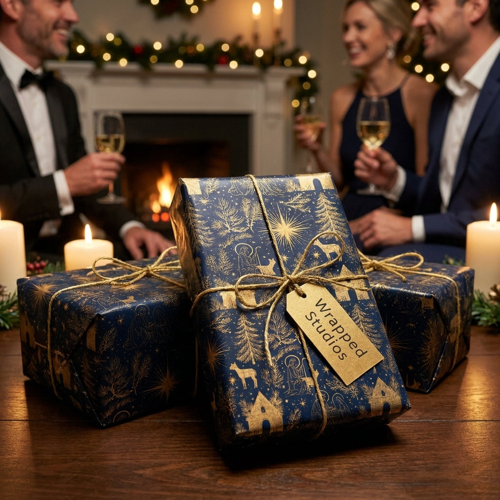Luxury navy and gold nativity Christmas wrapping paper with twine bow and gift tag by Wrapped Studios.