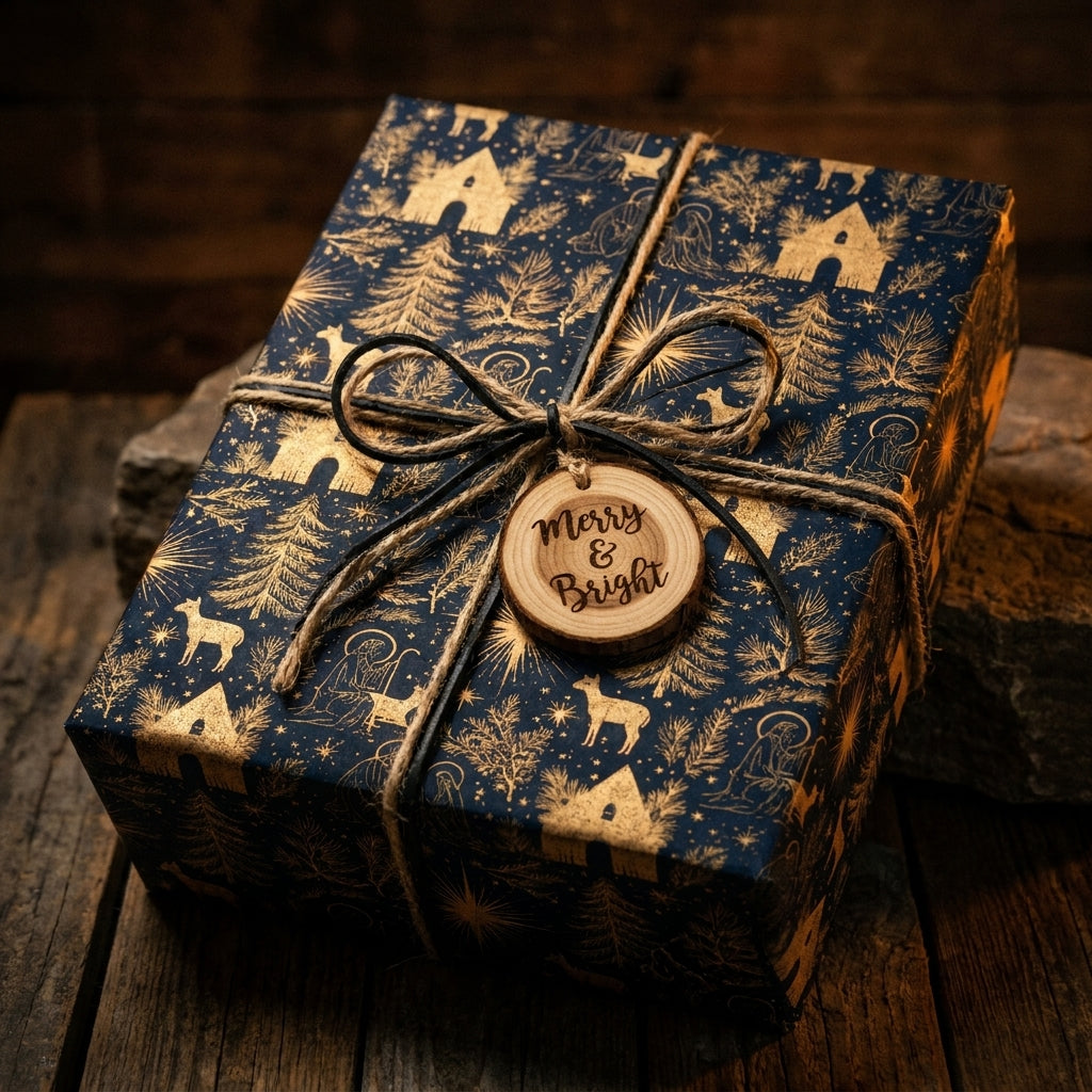Luxury navy and gold Christmas wrapping paper on a gift box with a rustic wooden tag by Wrapped Studios.
