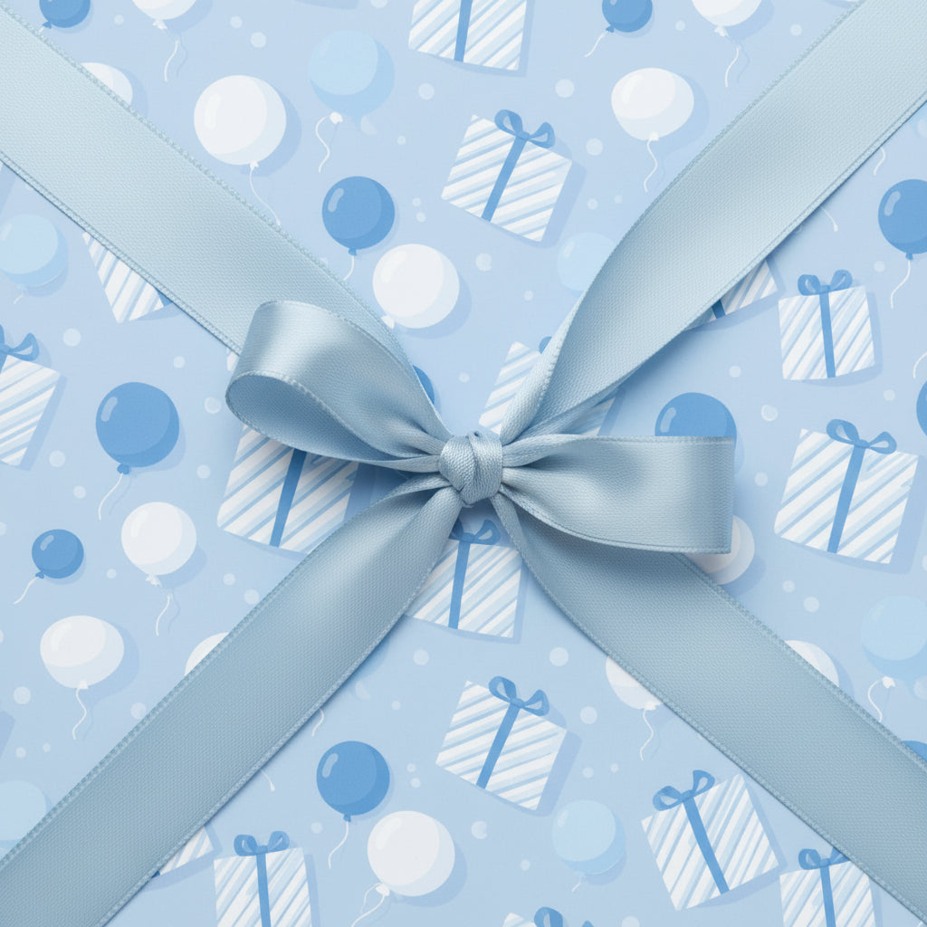 Light blue birthday wrapping paper with a satin ribbon and balloon and gift pattern.