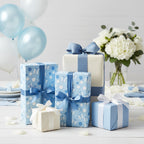 Baby shower gifts wrapped in light blue wrapping paper with balloon and present pattern.