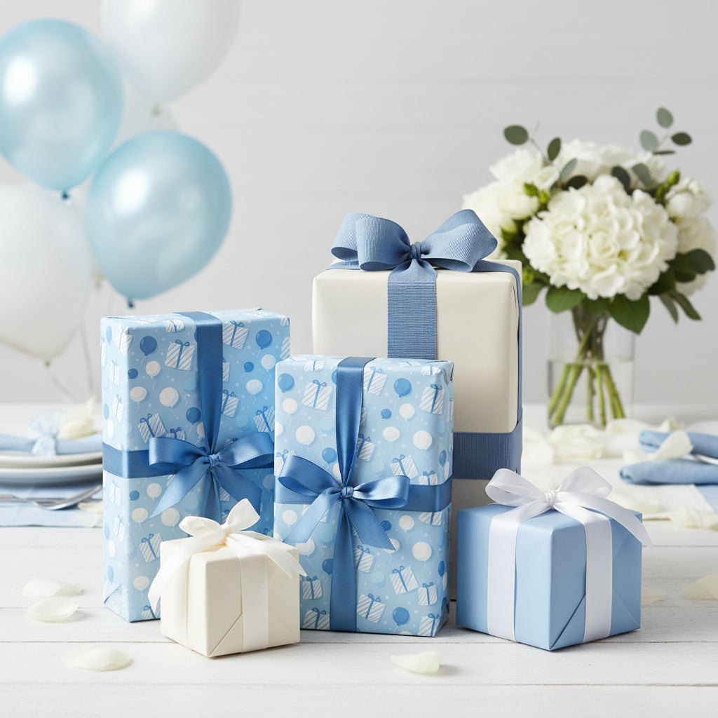 Baby shower gifts wrapped in light blue wrapping paper with balloon and present pattern.