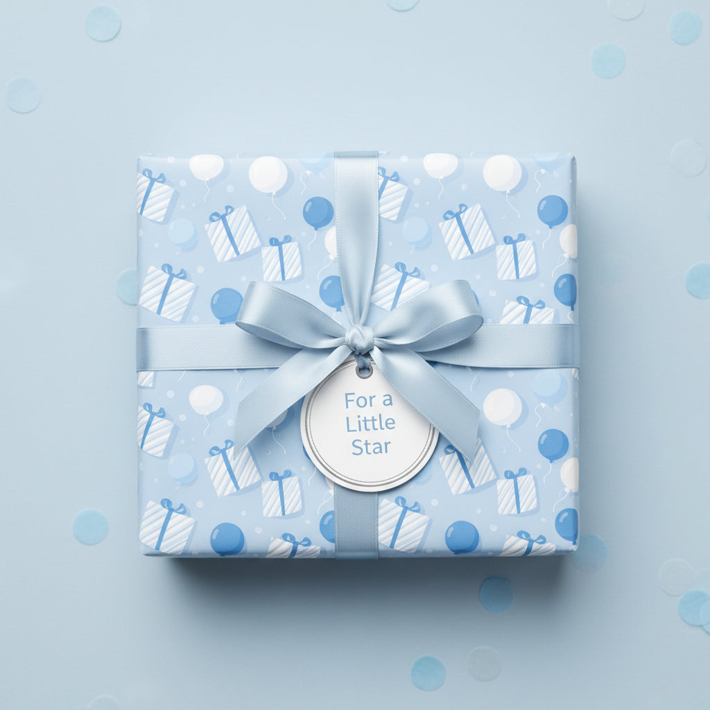 Square gift wrapped in blue baby shower wrapping paper with ribbon and "For a Little Star" tag.