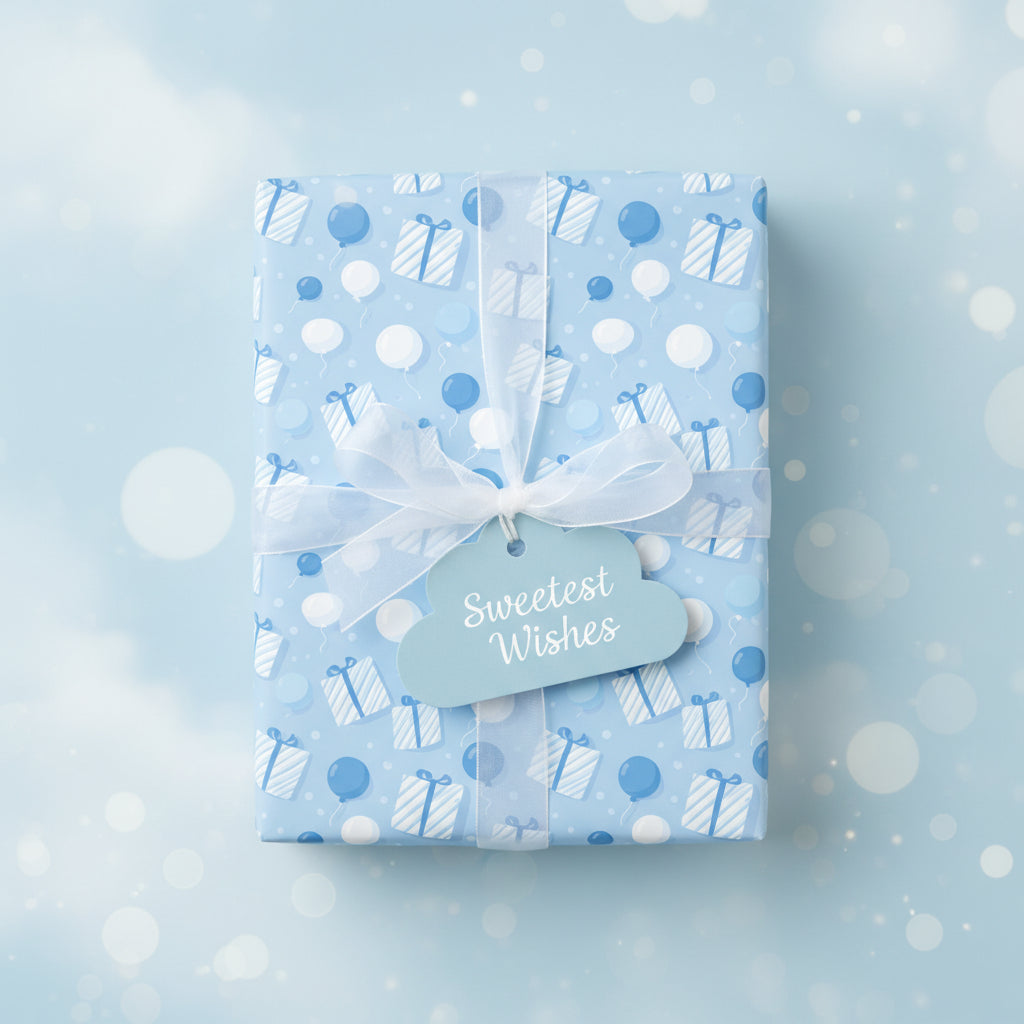 Light blue baby shower wrapping paper with gift and balloon pattern, tied with white ribbon and "Sweetest Wishes" tag.