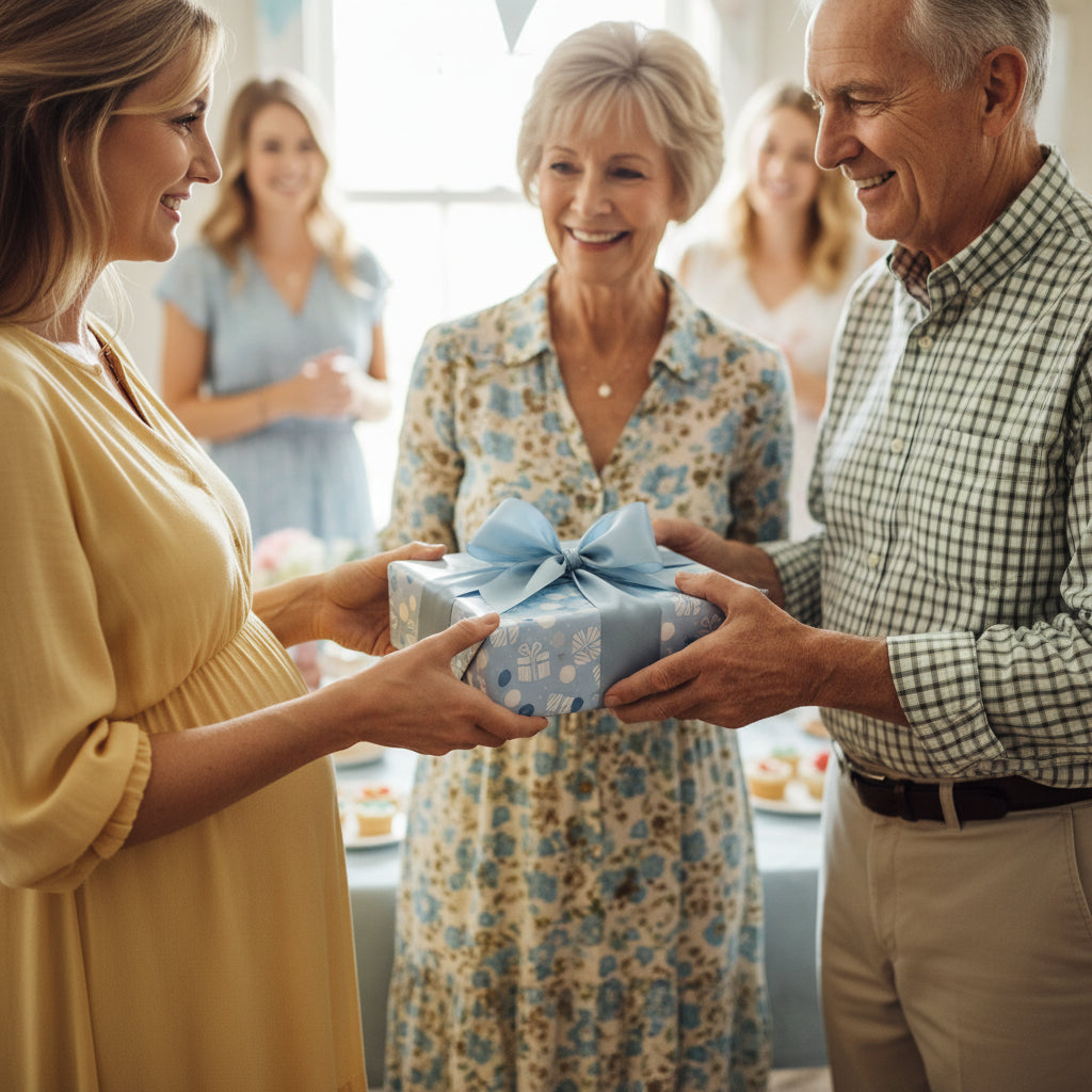 Baby shower gift exchange with light blue wrapping paper and a satin ribbon bow.