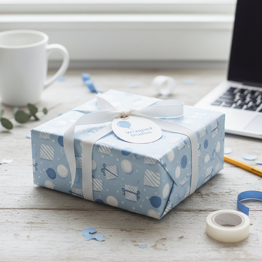Light blue gift wrap with balloons and presents, tied with a white ribbon, perfect for baby shower wrapping paper.