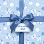 Light blue birthday wrapping paper featuring gifts and balloons, tied with a blue satin ribbon.
