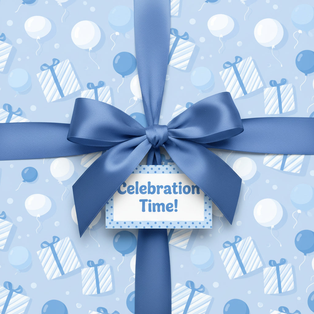 Light blue birthday wrapping paper featuring gifts and balloons, tied with a blue satin ribbon.