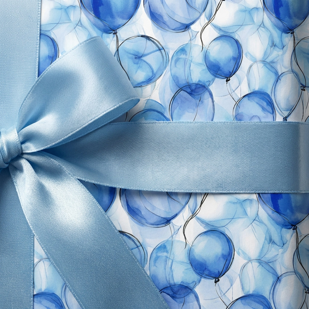 Wrapped Studios baby shower wrapping paper. Light blue watercolor balloon pattern with satin ribbon.
