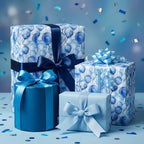 Blue balloon pattern birthday wrapping paper with ribbon and bow, Wrapped Studios.