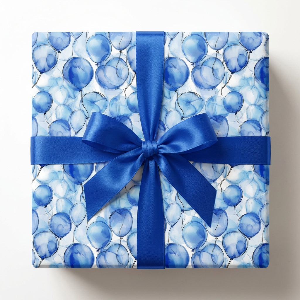 Square gift wrapped in blue balloon print wrapping paper with a satin ribbon bow.