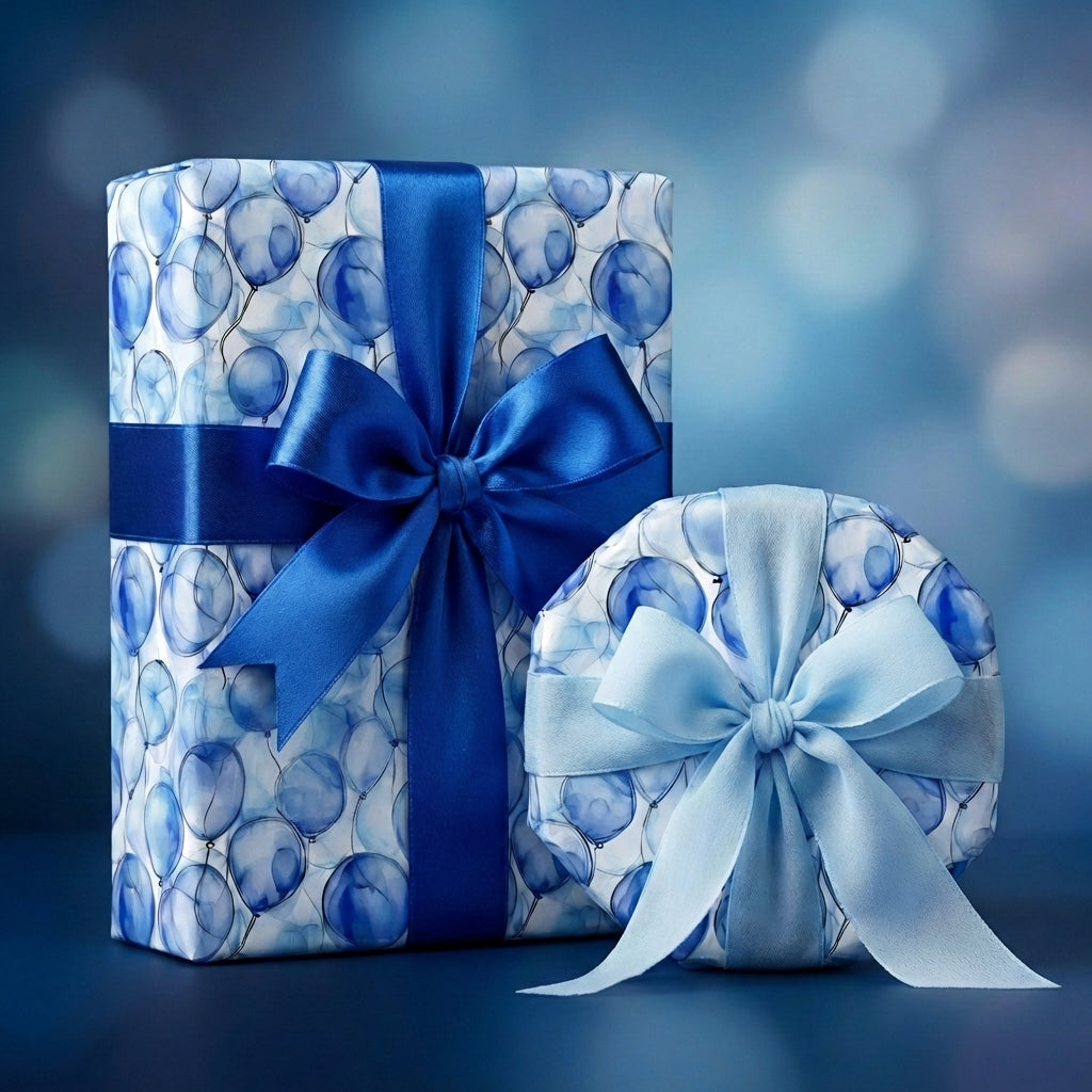 Blue balloon wrapping paper with satin bows. Perfect for birthday gifts or party favors.