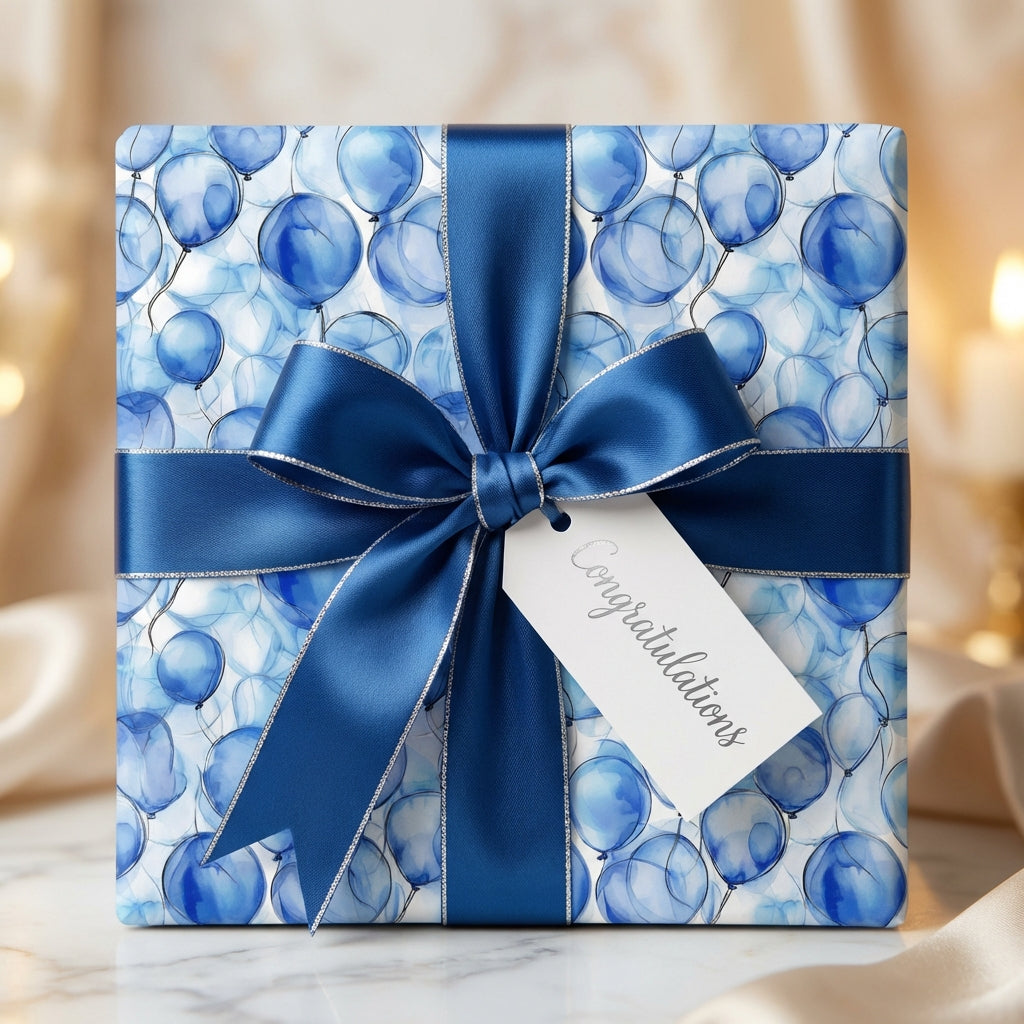 Blue balloon wrapping paper with a navy ribbon and "Congratulations" tag.