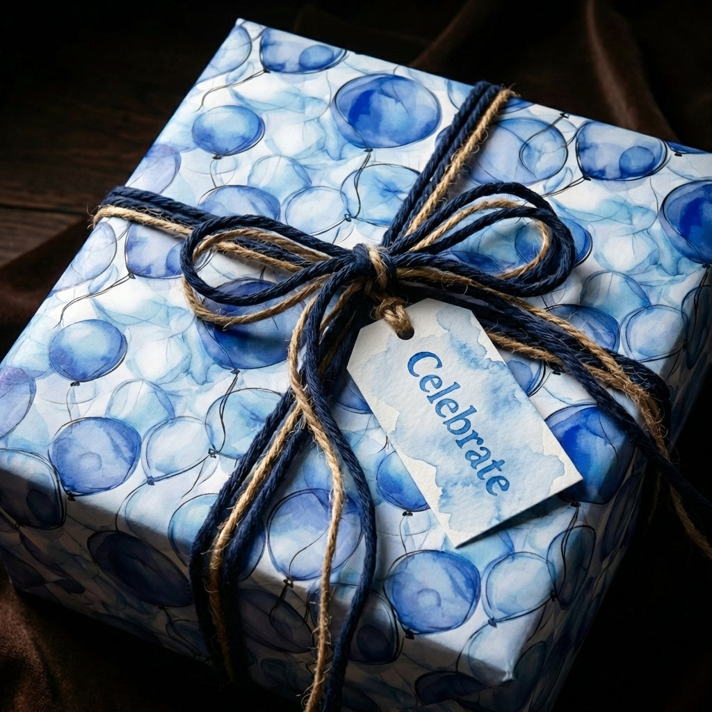 Elegant blue balloon birthday wrapping paper with twine bow and "Celebrate" tag.